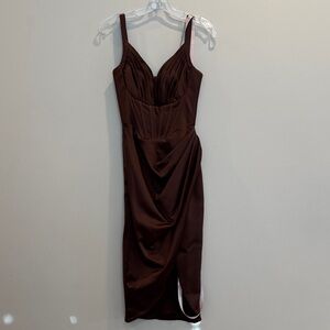 NWT House of CB Faye Chocolate Pleated Midi Dress, Size XS